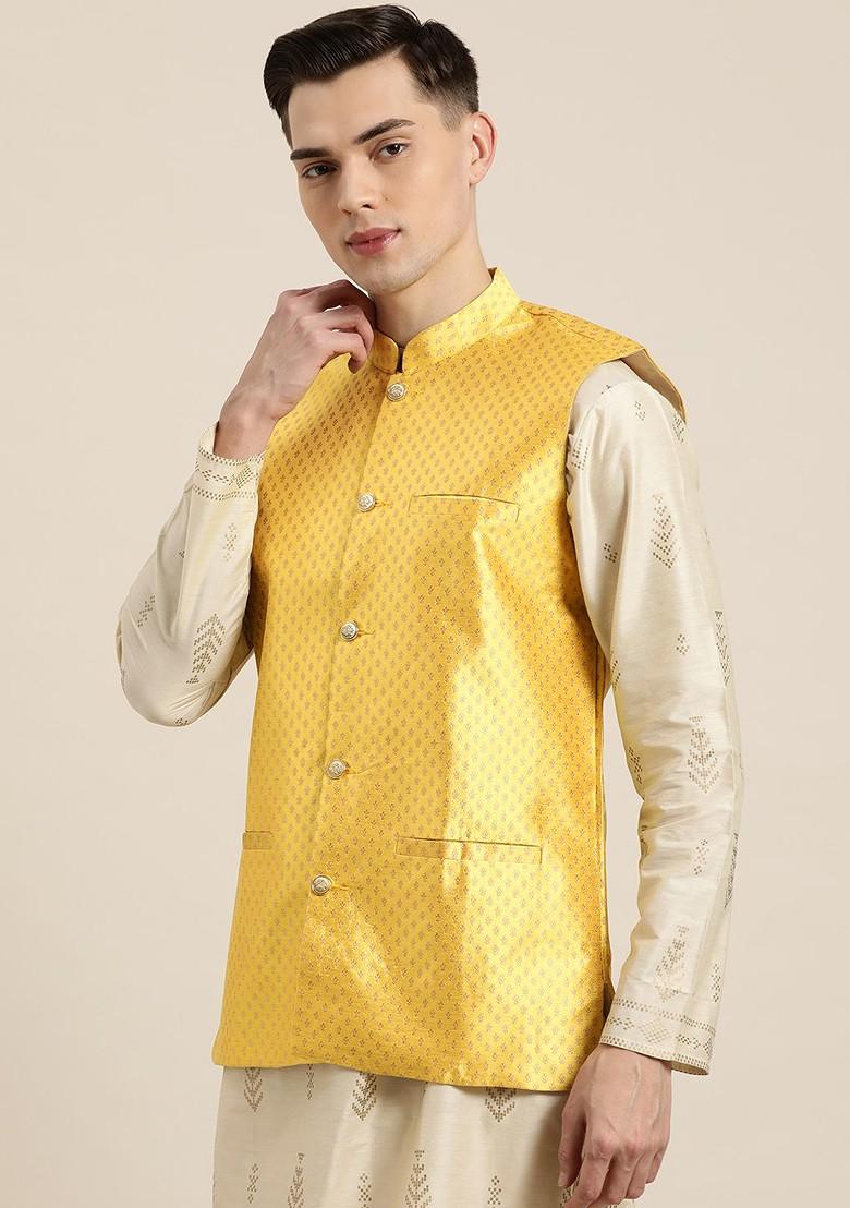 Yellow Solid Poly Blend Nehru Jackets For Men