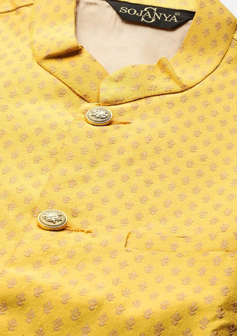 Yellow Solid Poly Blend Nehru Jackets For Men