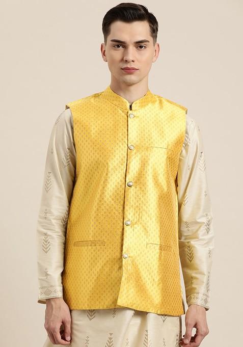 Yellow Solid Poly Blend Nehru Jackets For Men — view on Indya