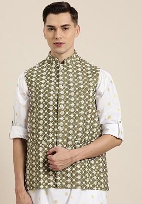 Olive Embroidered Poly Blend Nehru Jackets For Men