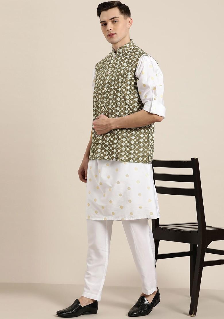 Olive Embroidered Poly Blend Nehru Jackets For Men