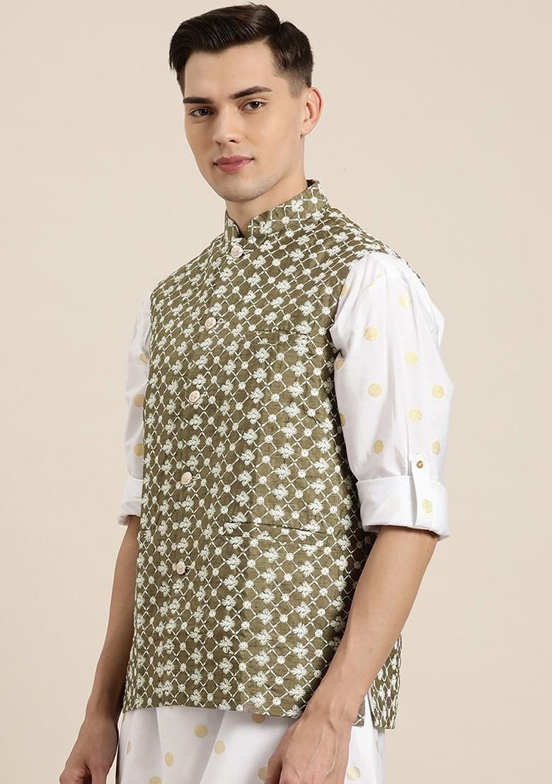 Olive Embroidered Poly Blend Nehru Jackets For Men