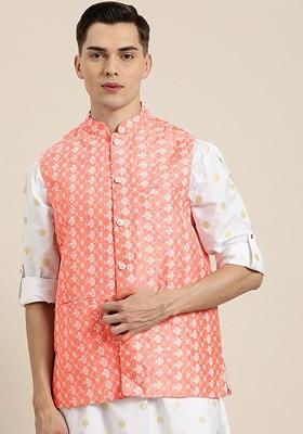 Peach Embroidered Poly Blend Nehru Jackets For Men