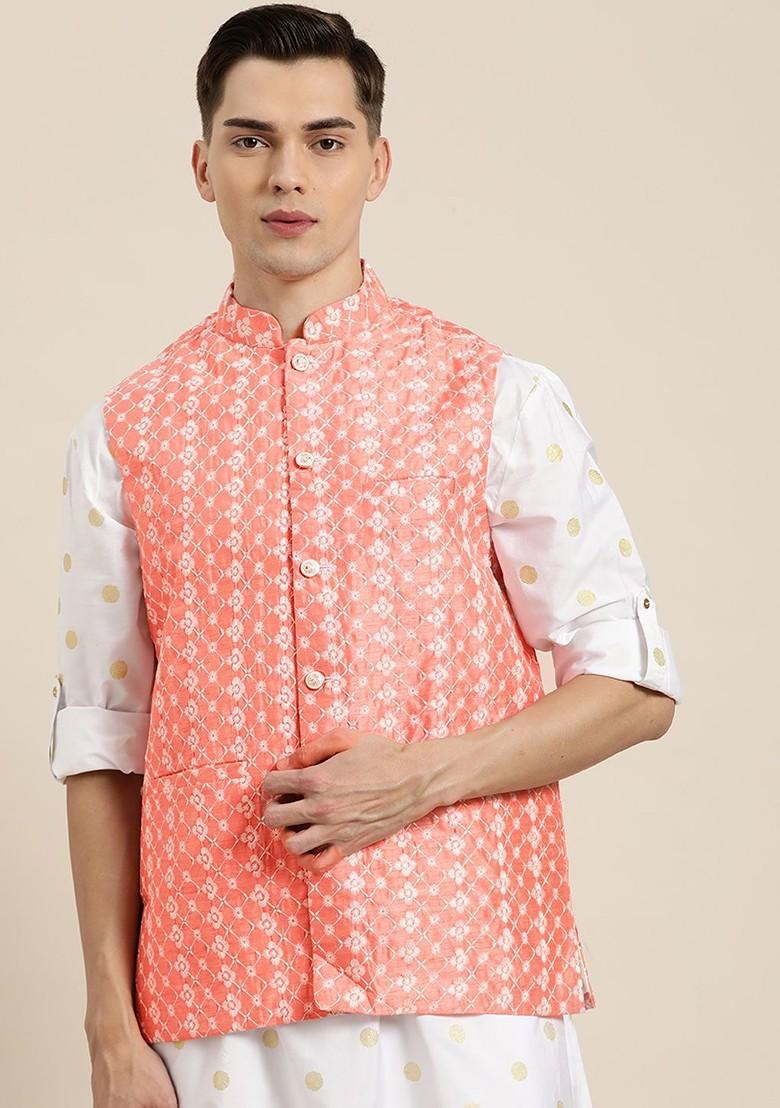 Peach Embroidered Poly Blend Nehru Jackets For Men