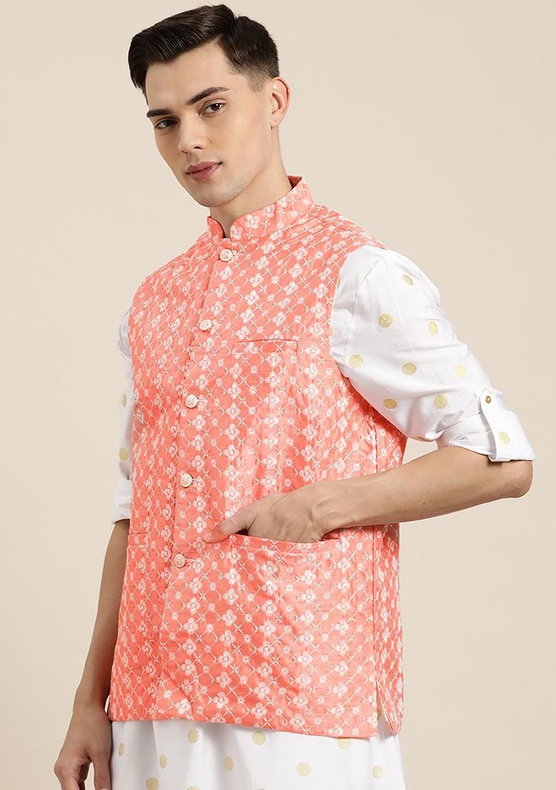 Peach Embroidered Poly Blend Nehru Jackets For Men