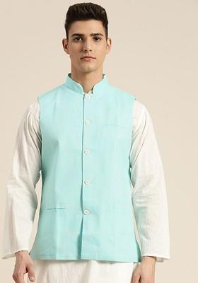 Blue Woven Cotton Nehru Jackets For Men