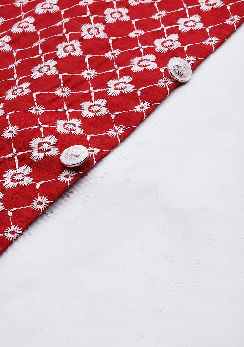 Maroon Embroidered Poly Blend Nehru Jackets For Men