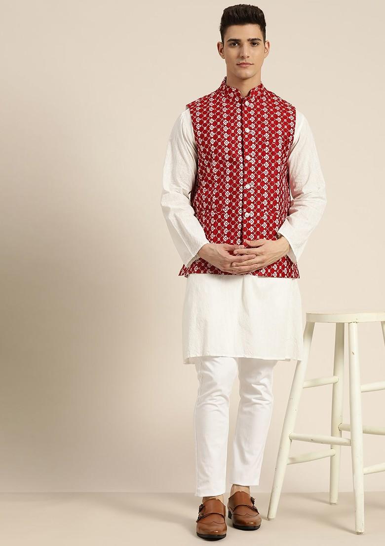 Maroon Embroidered Poly Blend Nehru Jackets For Men