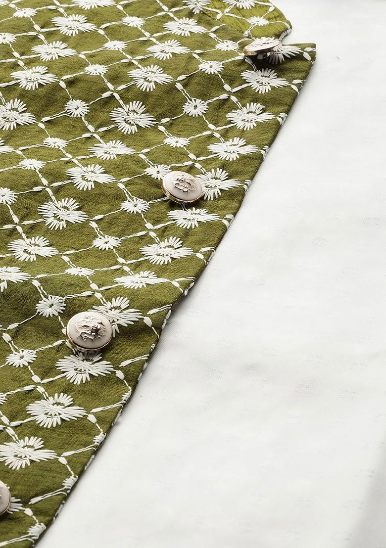 Green Embroidered Poly Blend Nehru Jackets For Men