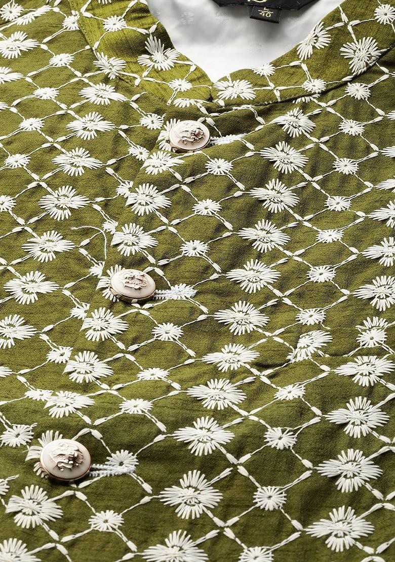 Green Embroidered Poly Blend Nehru Jackets For Men