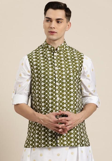 Green Embroidered Poly Blend Nehru Jackets For Men