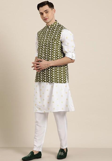 Green Embroidered Poly Blend Nehru Jackets For Men