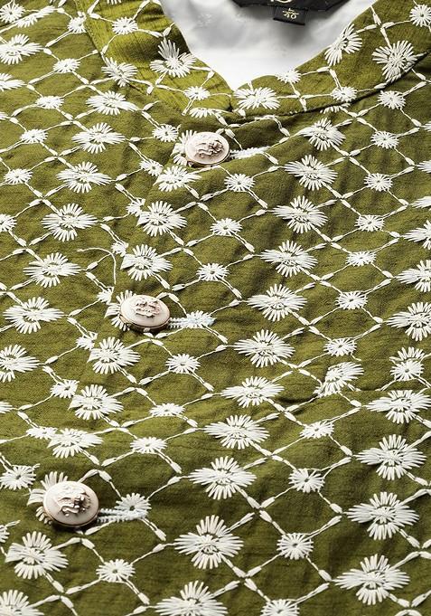 Green Embroidered Poly Blend Nehru Jackets For Men