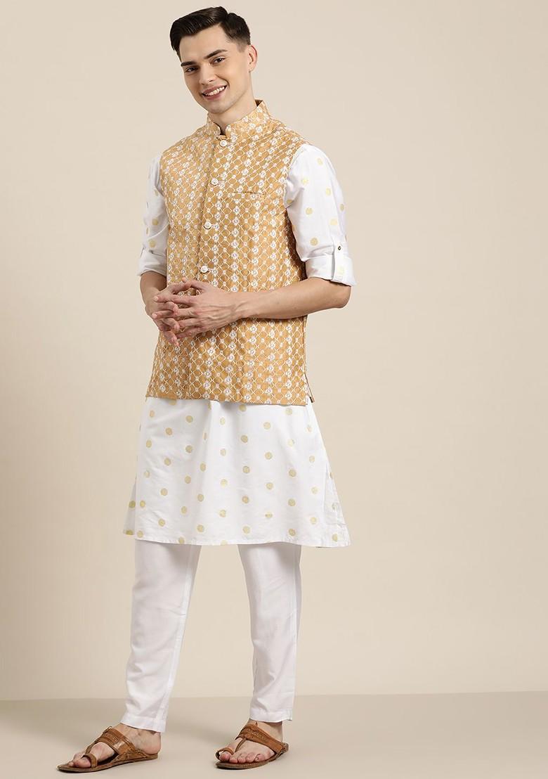 Beige Embroidered Poly Blend Nehru Jackets For Men