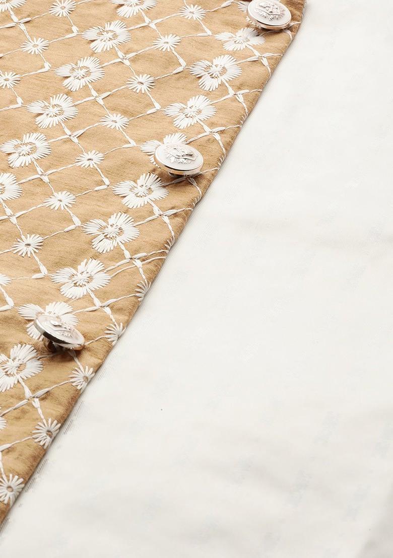 Beige Embroidered Poly Blend Nehru Jackets For Men