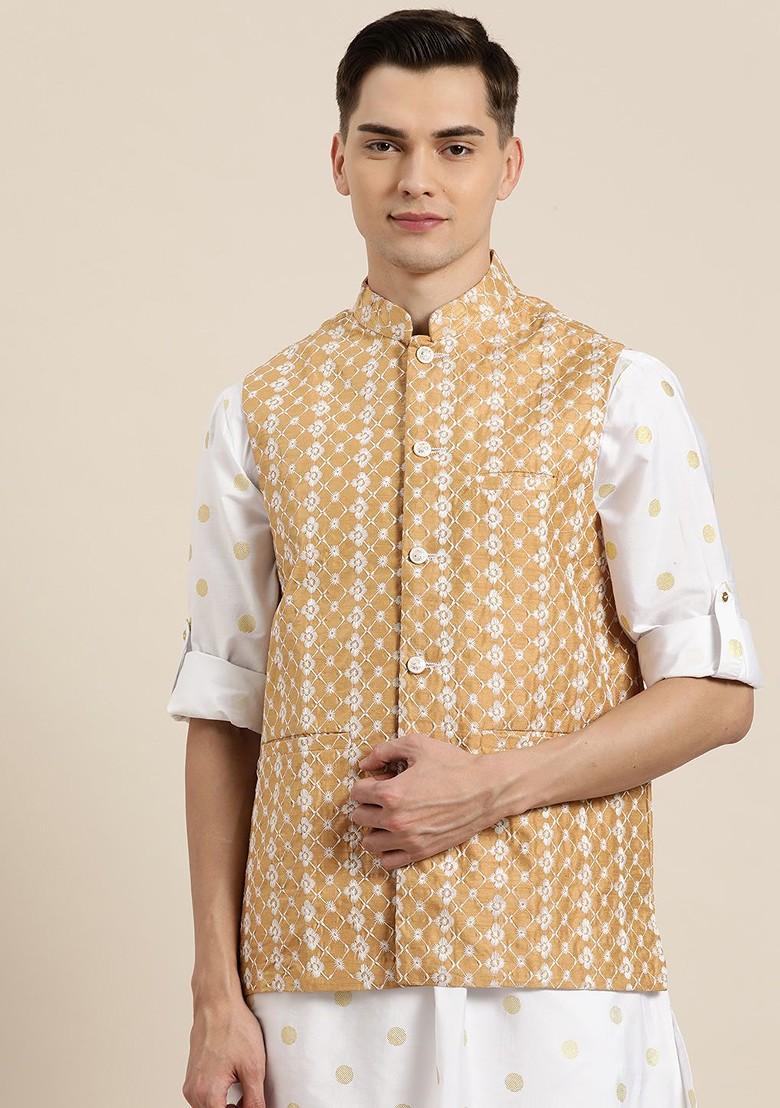 Beige Embroidered Poly Blend Nehru Jackets For Men