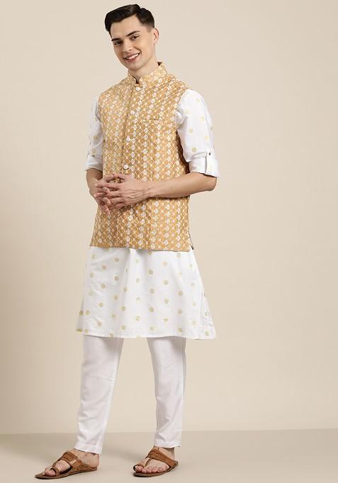 Beige Embroidered Poly Blend Nehru Jackets For Men