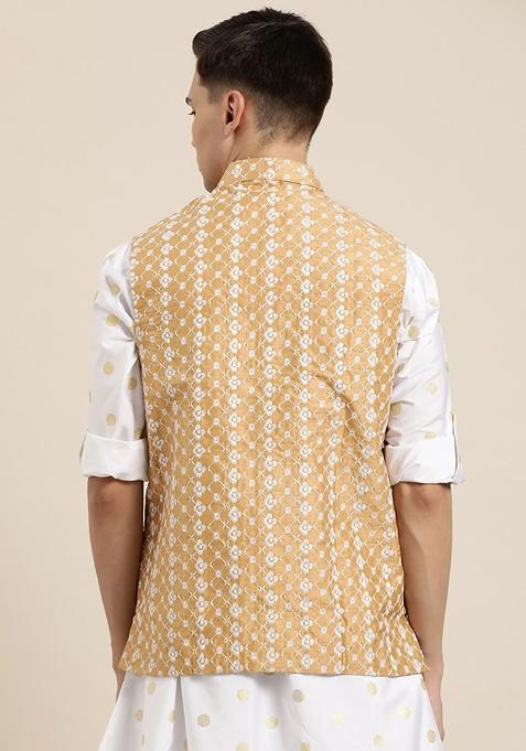 Beige Embroidered Poly Blend Nehru Jackets For Men
