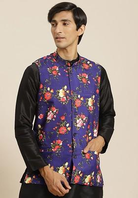 Blue Floral Print Cotton Nehru Jackets For Men