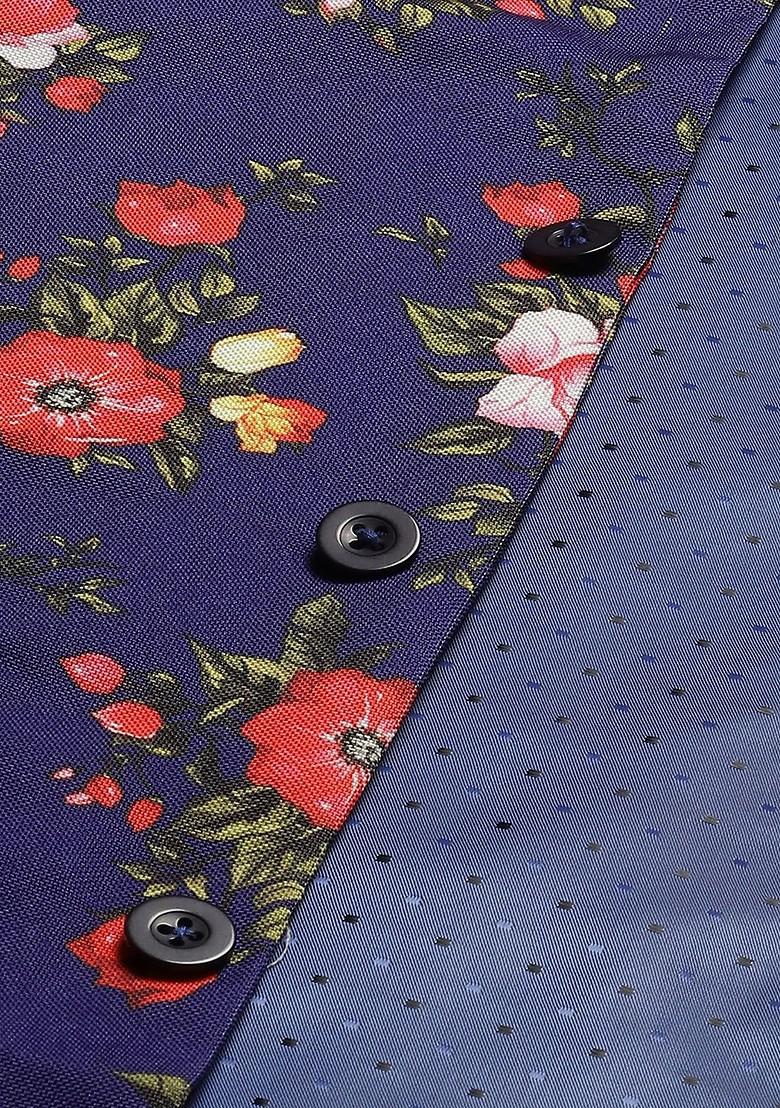 Blue Floral Print Cotton Nehru Jackets For Men