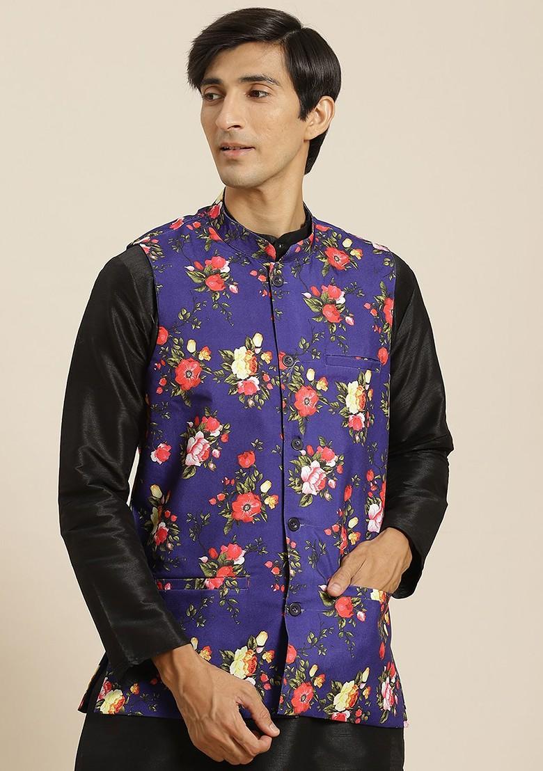 Blue Floral Print Cotton Nehru Jackets For Men