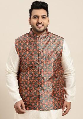 Teal Blue Ethnic Motifs Silk Nehru Jackets For Men
