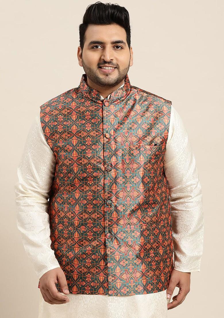 Teal Blue Ethnic Motifs Silk Nehru Jackets For Men