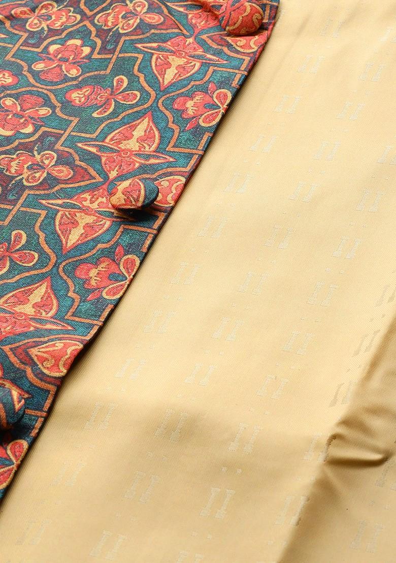 Teal Blue Ethnic Motifs Silk Nehru Jackets For Men