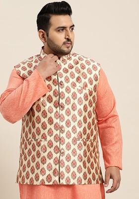 Cream Ethnic Motifs Silk Nehru Jackets For Men