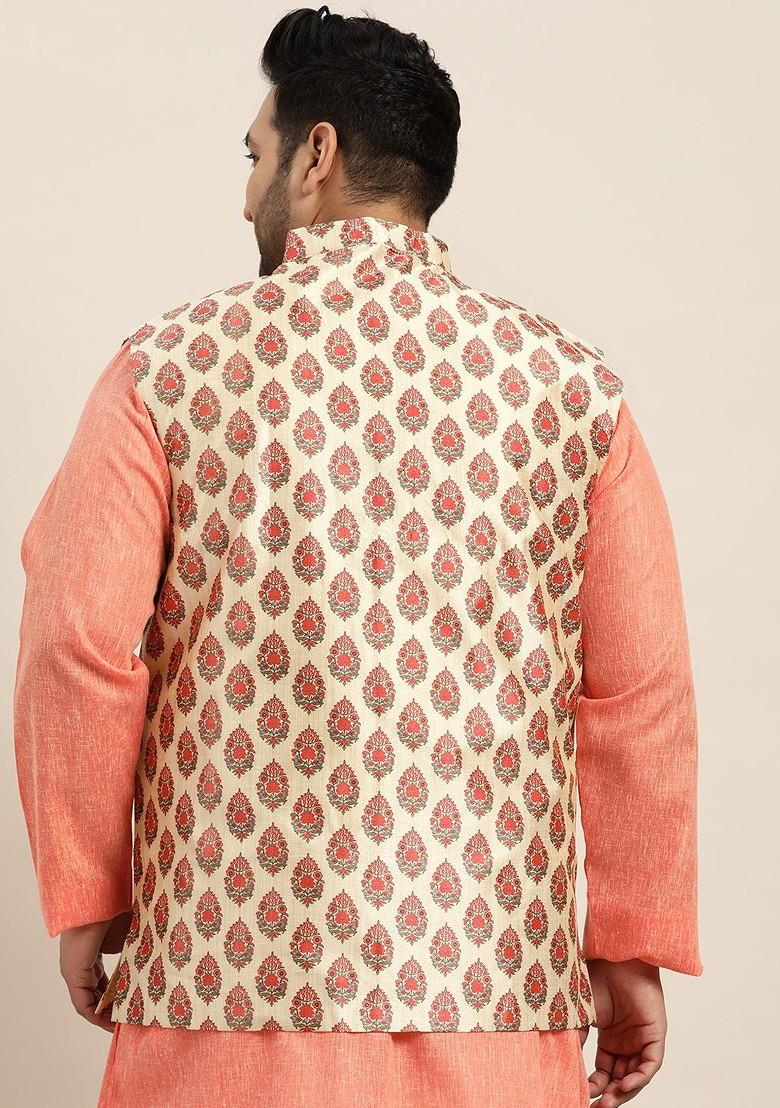 Cream Ethnic Motifs Silk Nehru Jackets For Men