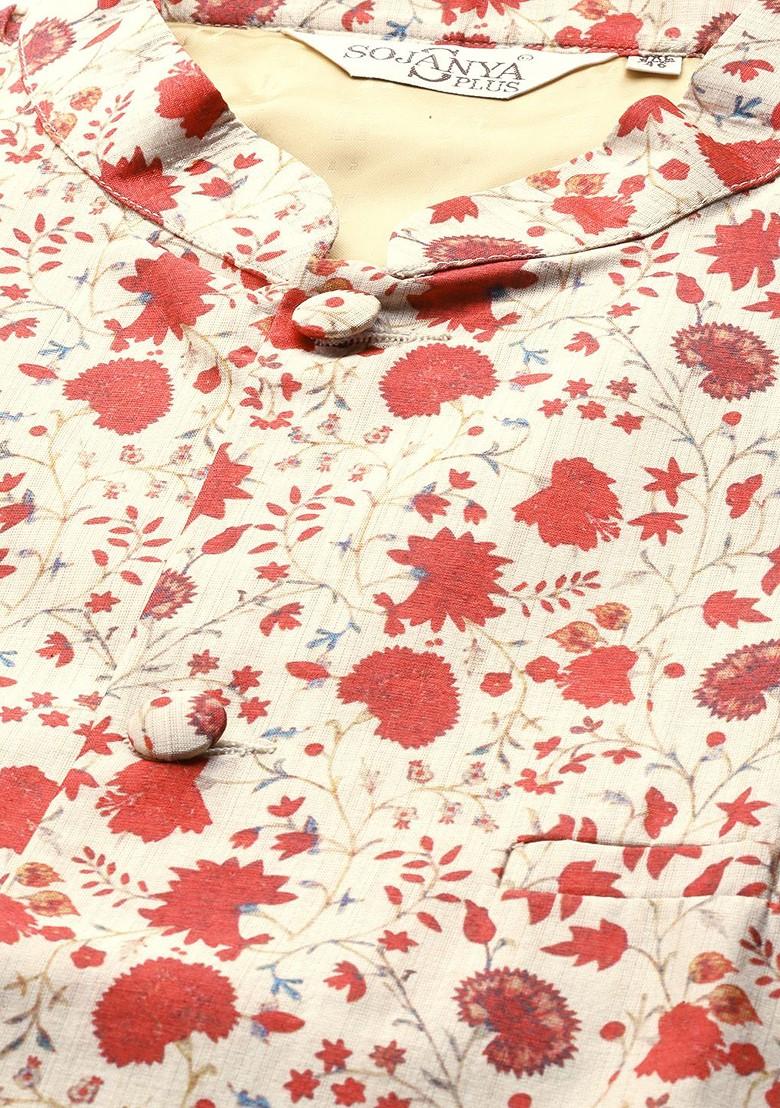 Off White Ethnic Motifs Silk Nehru Jackets For Men