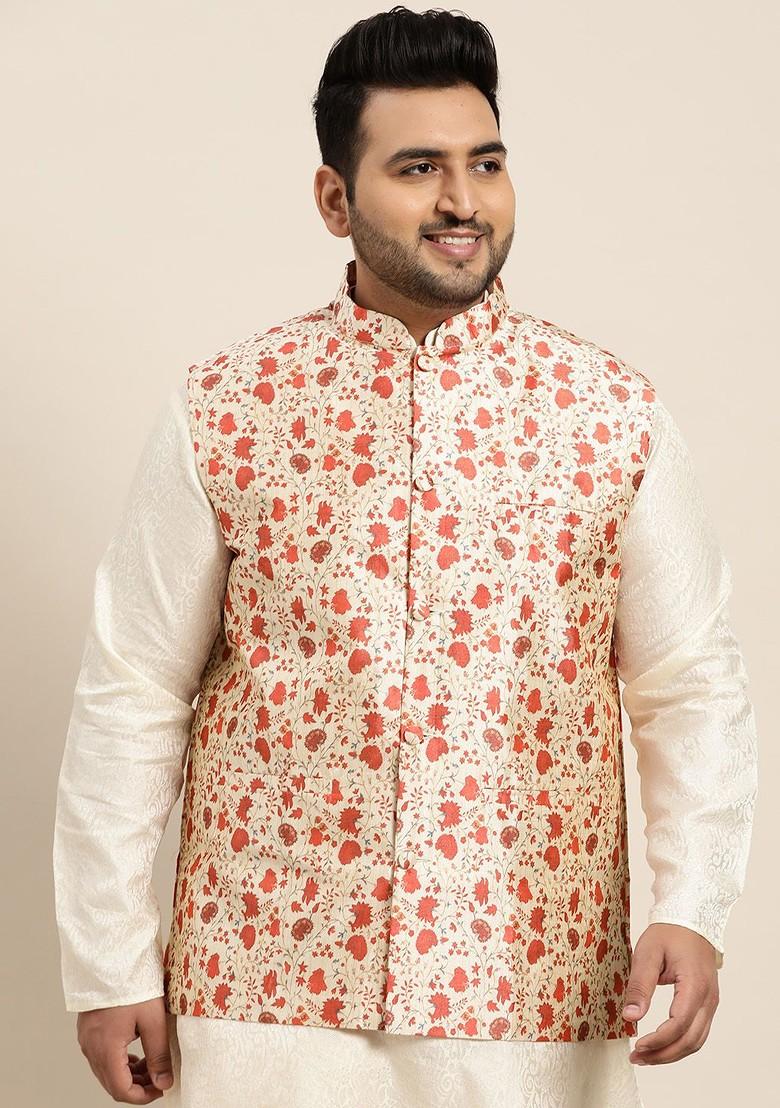 Off White Ethnic Motifs Silk Nehru Jackets For Men