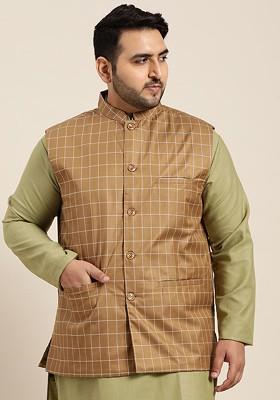 Brown Checked Poly Blend Nehru Jackets For Men