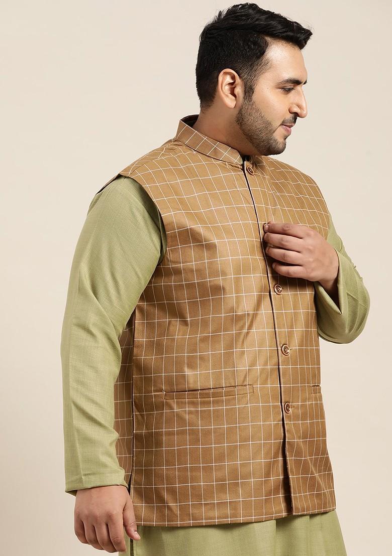 Brown Checked Poly Blend Nehru Jackets For Men
