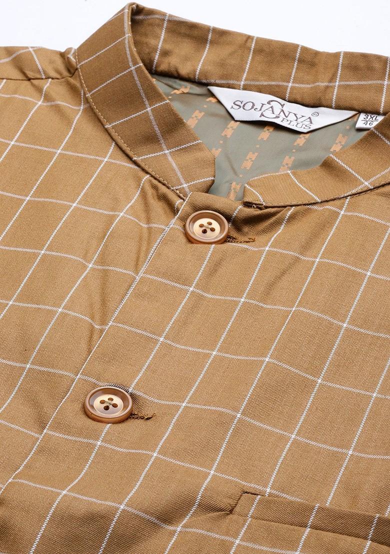 Brown Checked Poly Blend Nehru Jackets For Men