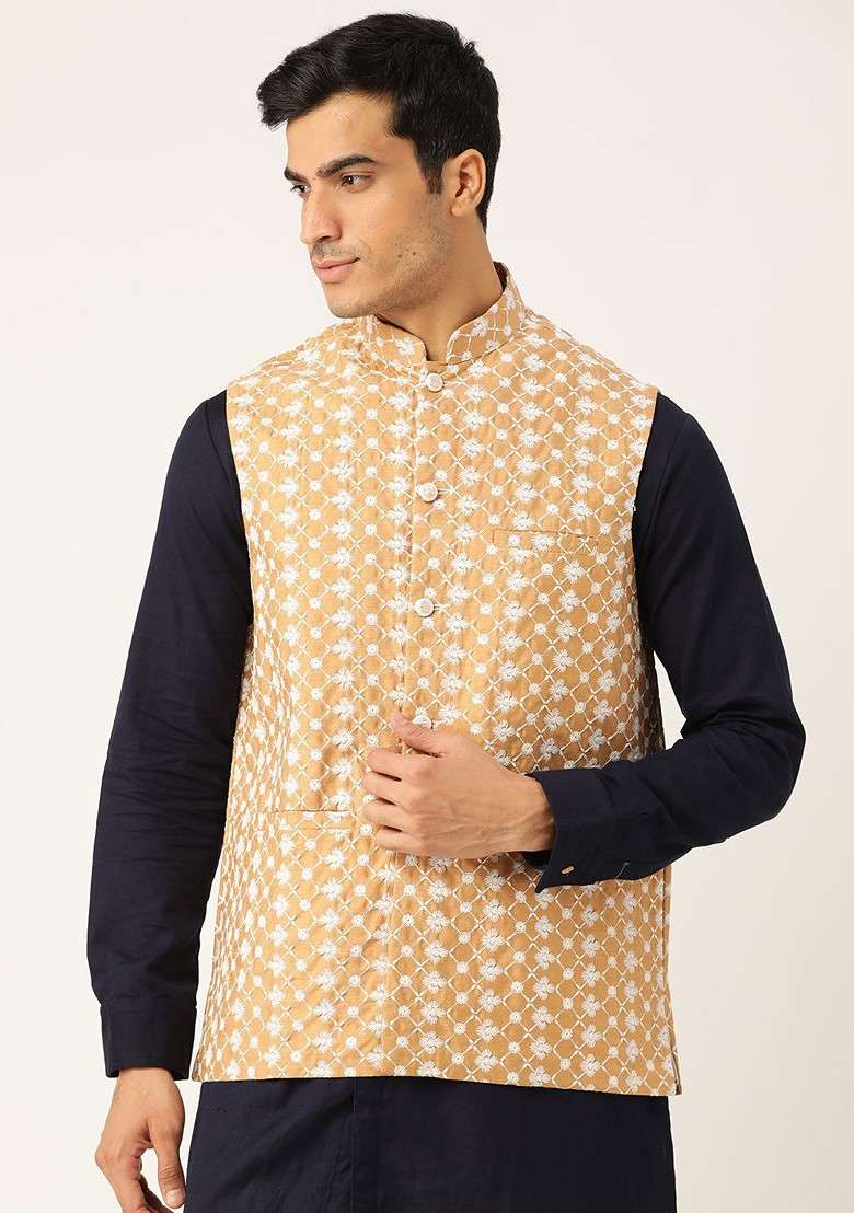 Mustard Solid Silk Blend Nehru Jackets For Men - Indya