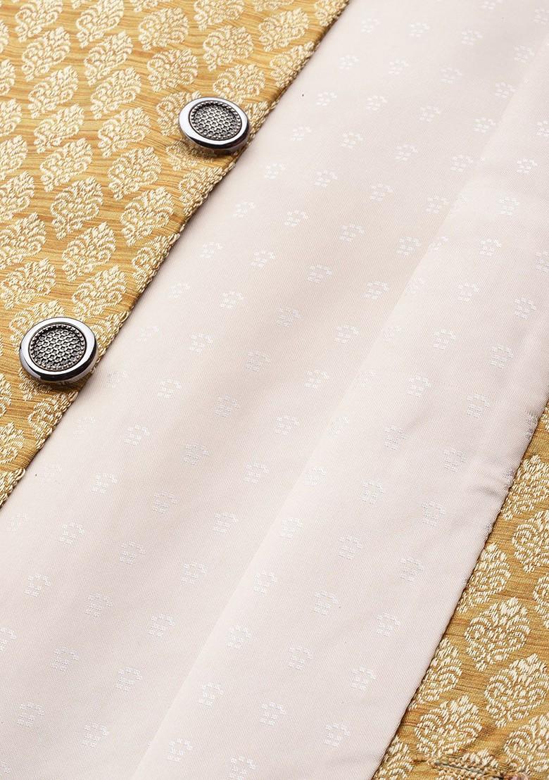 Mustard Solid Silk Nehru Jackets For Men