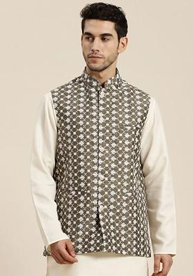 Taupe Brown Woven Poly Blend Nehru Jackets For Men