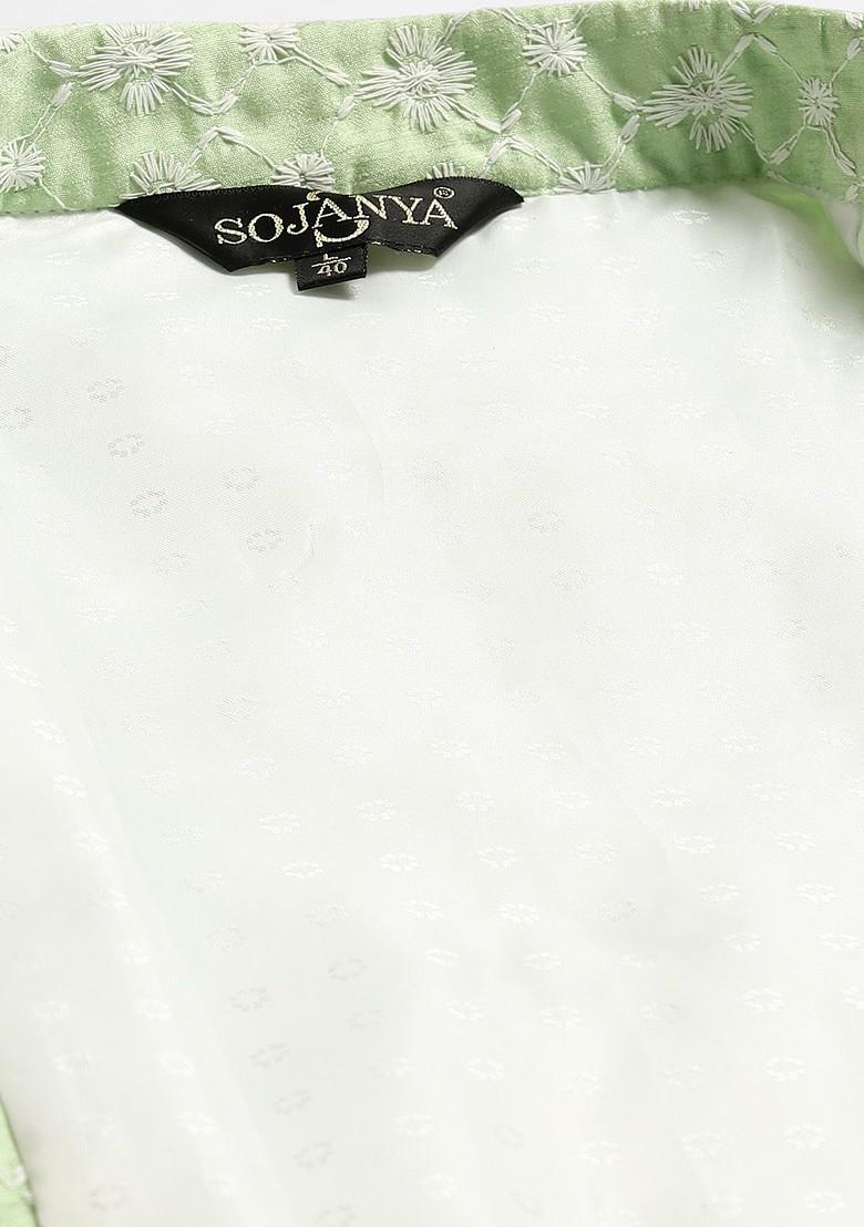 Green Woven Poly Blend Nehru Jackets For Men