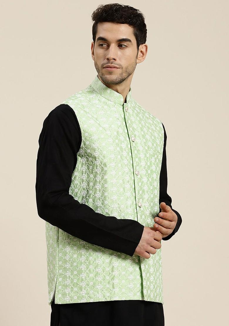 Green Woven Poly Blend Nehru Jackets For Men