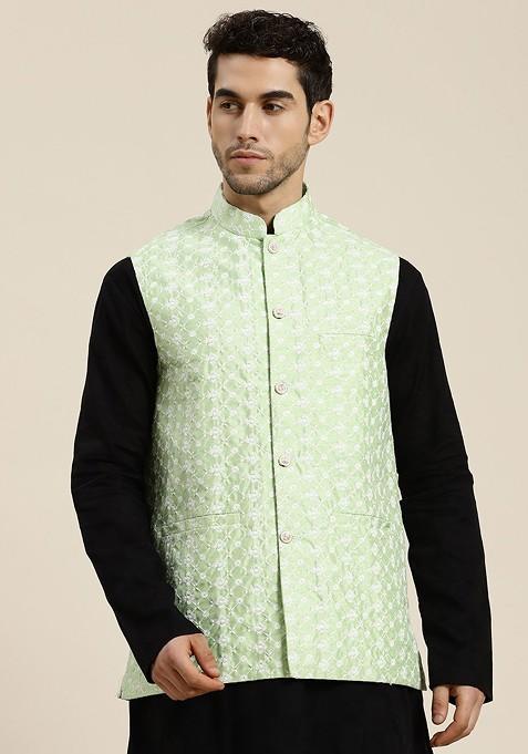 Green Woven Poly Blend Nehru Jackets For Men