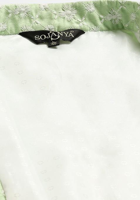 Green Woven Poly Blend Nehru Jackets For Men