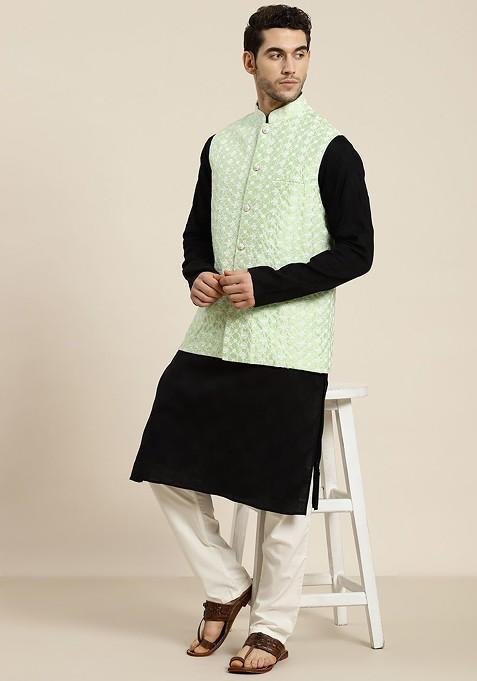 Green Woven Poly Blend Nehru Jackets For Men
