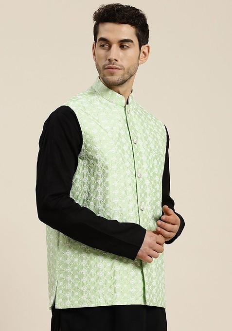 Green Woven Poly Blend Nehru Jackets For Men
