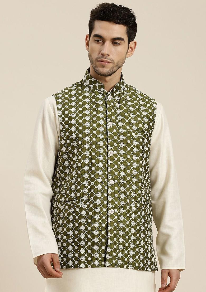 Olive Woven Poly Blend Nehru Jackets For Men