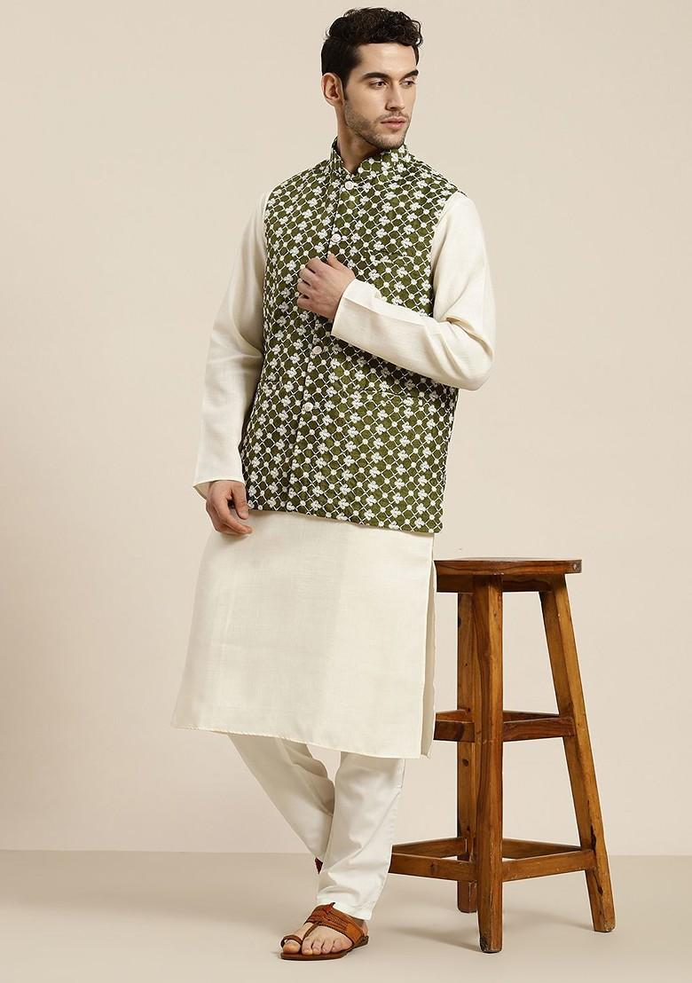Olive Woven Poly Blend Nehru Jackets For Men