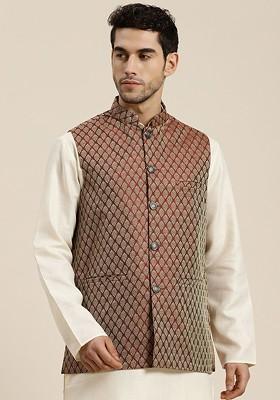 Maroon Woven Silk Nehru Jackets For Men