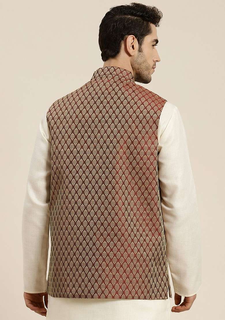 Maroon Woven Silk Blend Nehru Jackets For Men - Indya