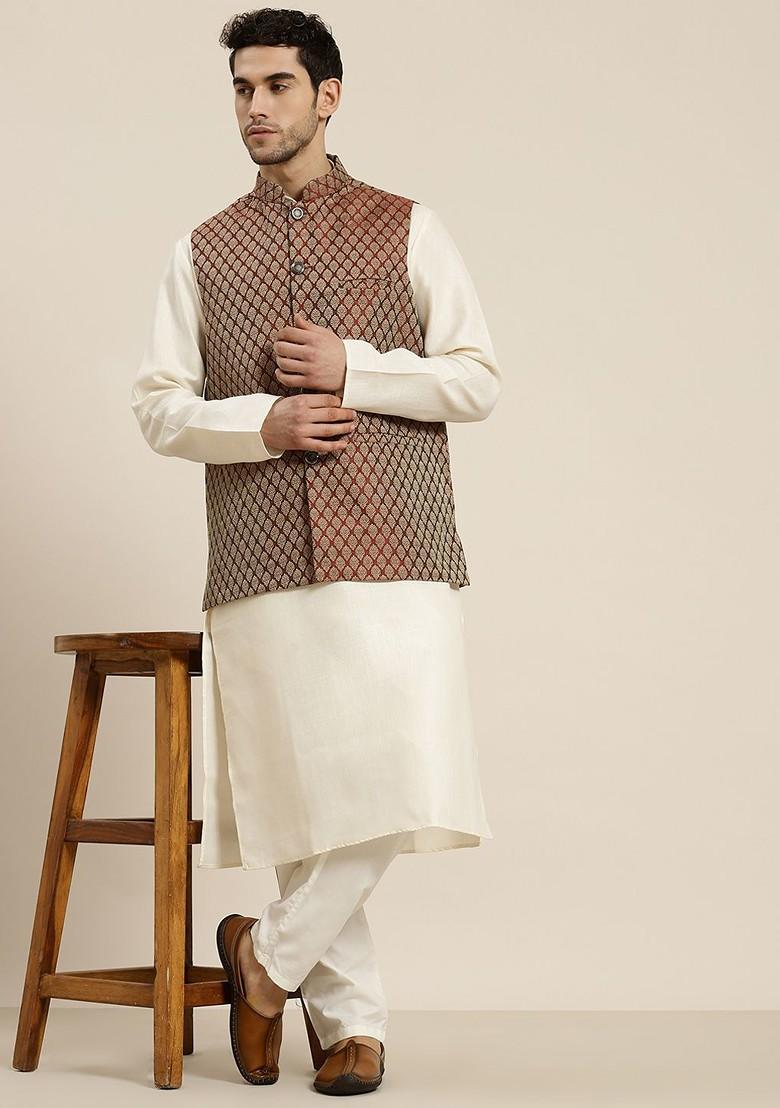 Maroon Woven Silk Nehru Jackets For Men