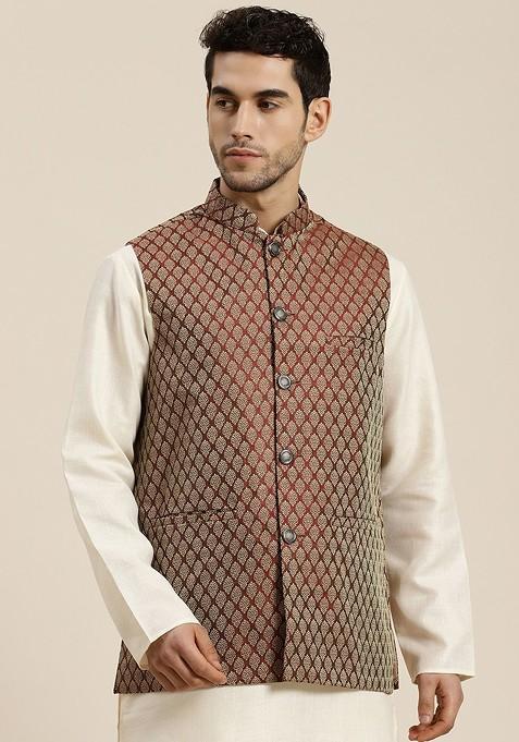 Maroon Woven Silk Nehru Jackets For Men — view on Indya